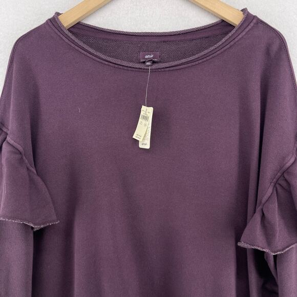AERIE Sweatshirt Womens L Ruffle French Terry Oversized Raw Hems Purple NEW - Picture 3 of 16